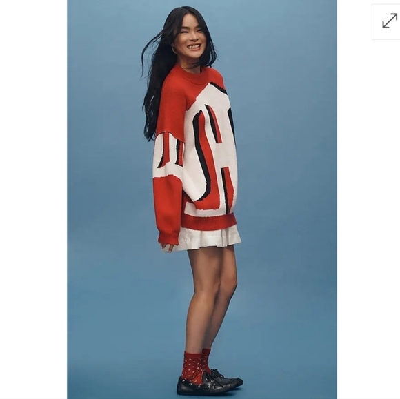 New! Anthropologie Maeve Graphic Monogram Sweater Red Black White Size Small - Picture 1 of 11